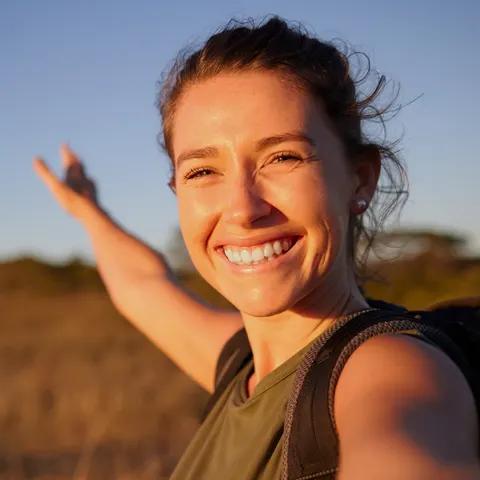 A happy woman, outside.